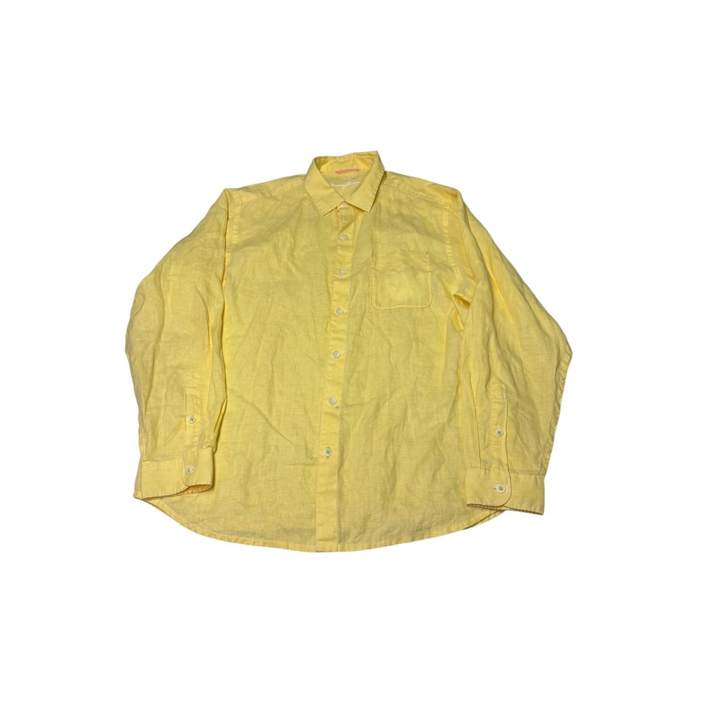 Tommy Bahama Mens Large Yellow 100% Linen Long Sleeve Button Up Shirt Pocket